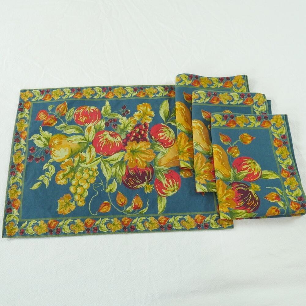 April Cornell Placemats Set of 4 Fruit Print On Blue French Country Cottagecore